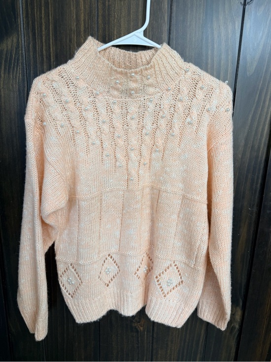 Ashley S. Sweaters - Peach Pearl-Embellished Women's Sweater-Size:Small